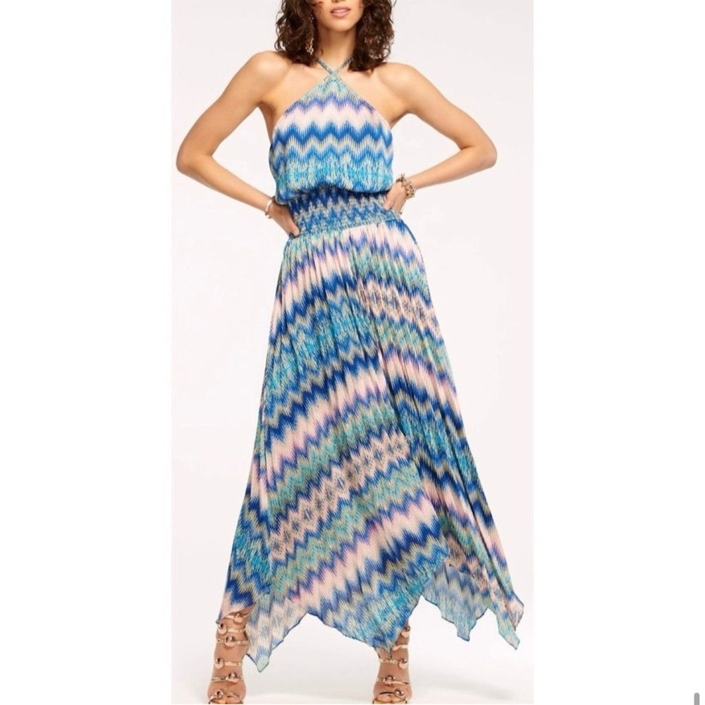 New - Ramy Brook Giana Chevron Maxi Dress Multicolor Halter Party-  Size S